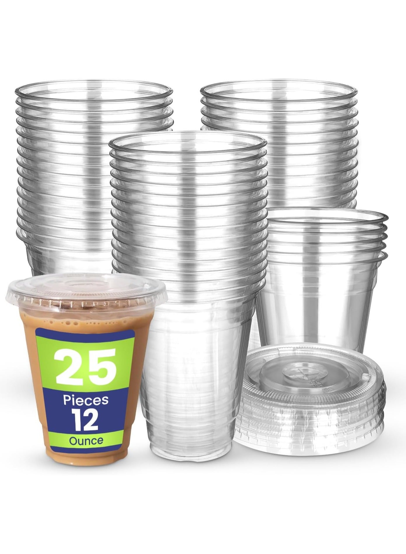 Juice Cup With Lid 12 Ounce Clear Strong Disposable Ideal For Iced Coffee Smoothies Bubble Boba Tea Milkshakes Frozen Cocktails Water Sodas Juices Snacks Dessert and More 25 Pieces